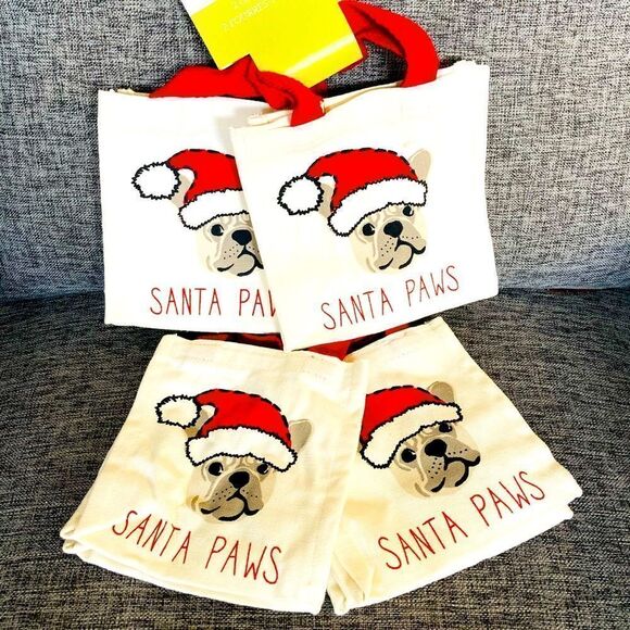 NWT Santa Paws Frenchie Dog 4-pc Canvas Tote Gift Bags - Picture 1 of 3